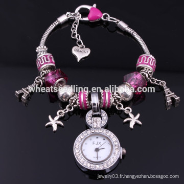 Nouvelle arrivée Lady glass beads eiffel towerl et star charms quartz montre-bracelet femme